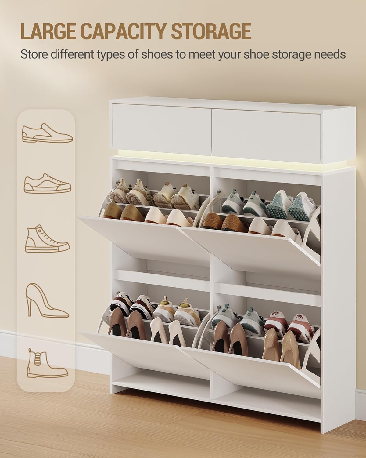 Hzuaneri Schuhschrank, Schuhkipper Schmal mit LED-Leuchten, Schuhregal, Verstellbare Regalböden, 20 Paar, 4 Klappen(100B cm), Schuhaufbewahrung für Eingang, Flur, Weiß SR53603XEU RI7557529