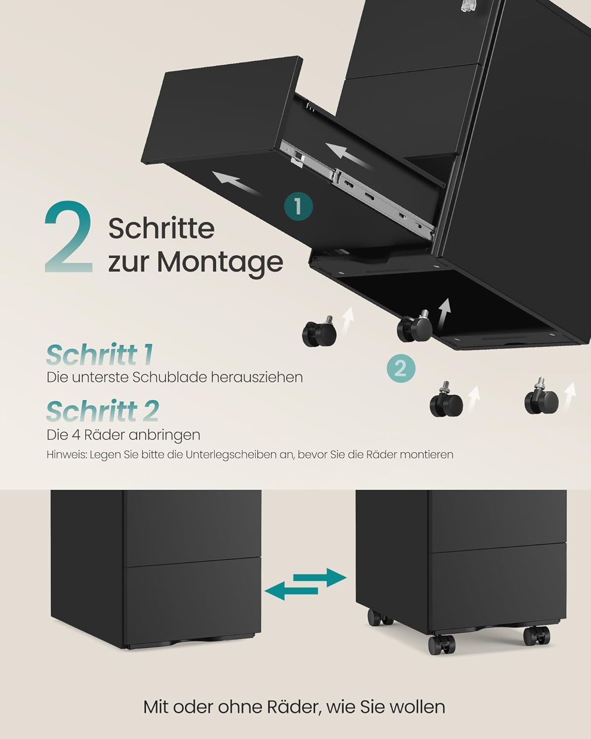 SONGMICS Schubladenschrank, Rollcontainer, mobiler Aktenschrank, Metallschrank, Druckertisch, abschließbar, 3 Schubladen, vormontiert, Büro, Homeoffice, 40 x 30 x 54 cm, Mattschwarz OFC079B01 NA5916099