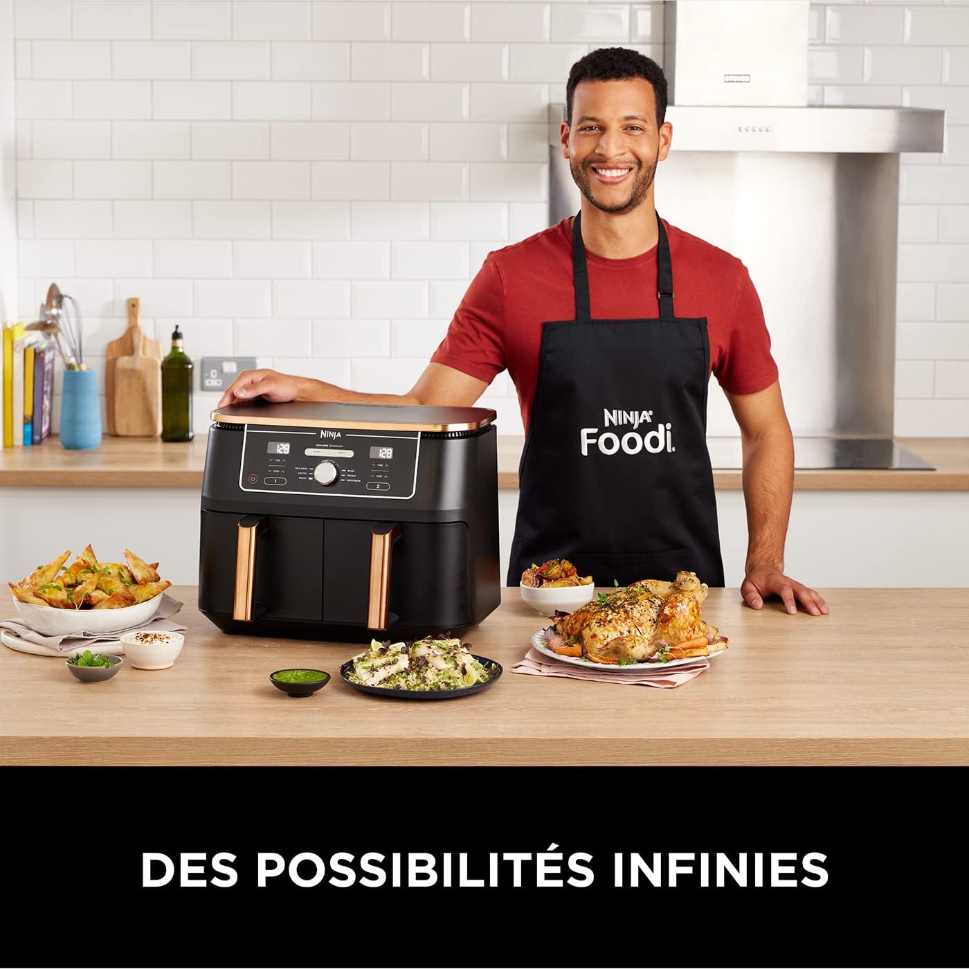 NINJA Foodi MAX Dual Zone Air Fryer, 2 Tiroirs, 9,5L, 6-en-1, Sans Huile, Air Fry, Max Crisp, Rôtir, Cuire, Paniers Antiadhésifs Lavables Au Lave-Vaisselle, Cuivre/Noir AF400EUCP