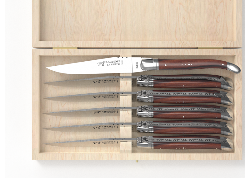 Service de 6 couteaux Laguiole avec un manche en bois de violette et mitres en acier inoxydable