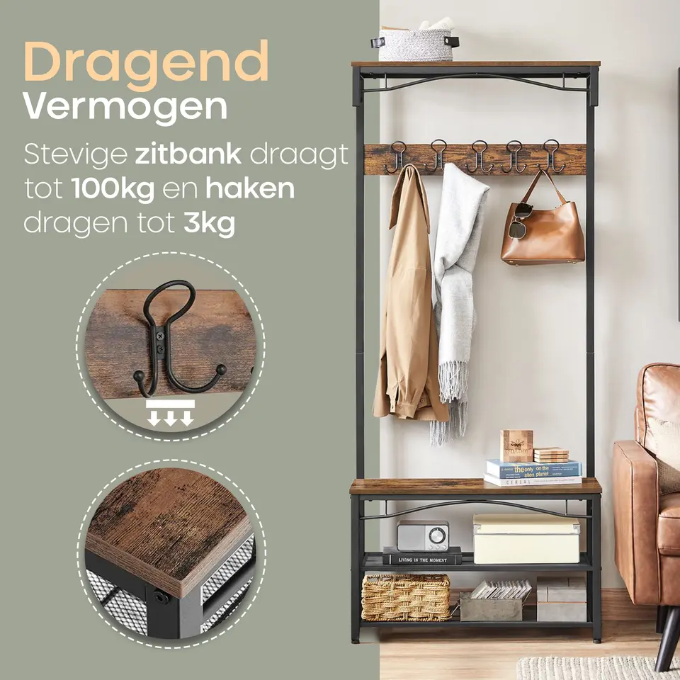 O’DADDY Kapstok met Schoenenrek – 15 Haken – 2-Laags – 80x32x178,5 cm