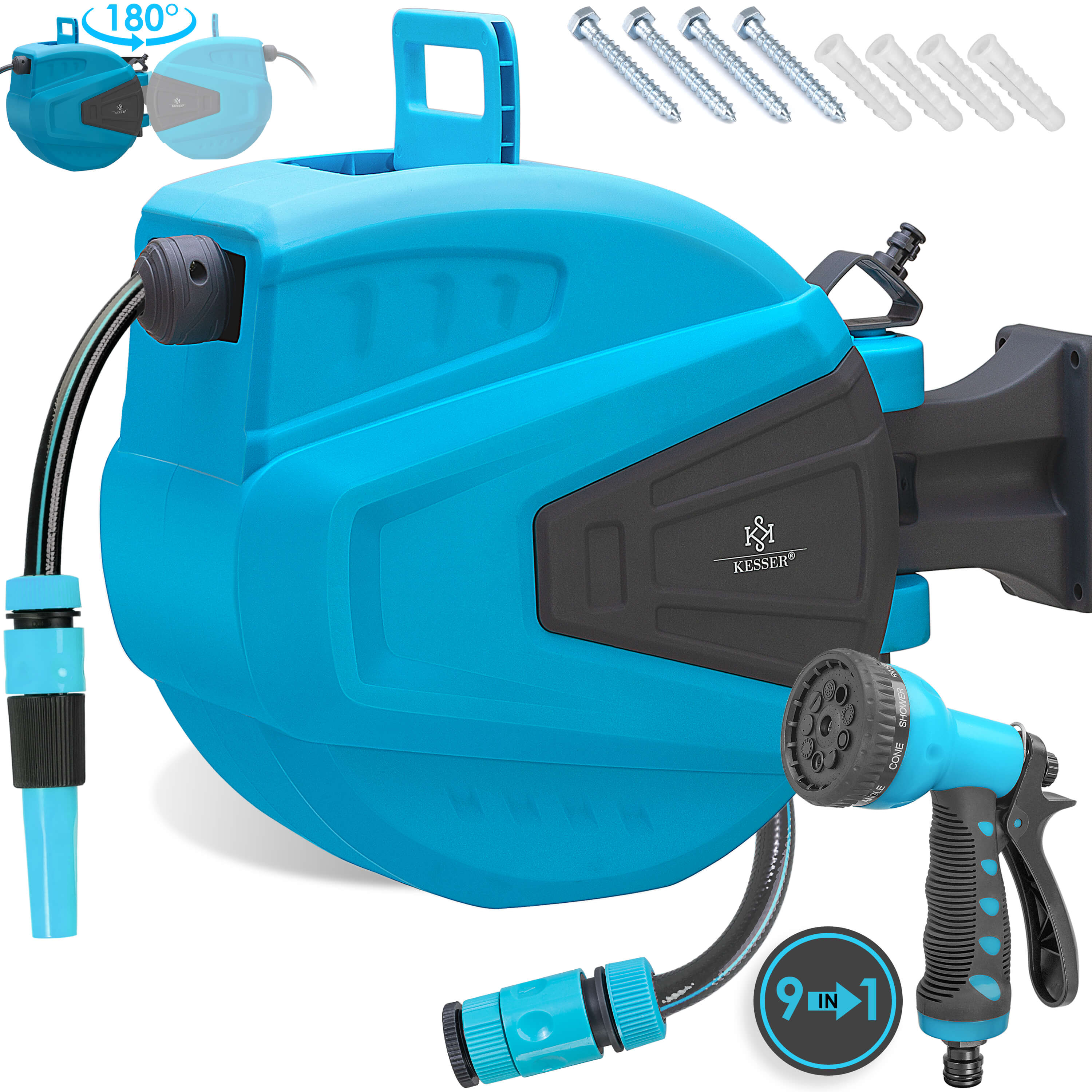 KESSER® Schlauchtrommel Wasser Schlauchaufroller Inkl. 2-Wege-Verteiler + Multi-Handbrause Wasserschlauchtrommel Automatik | 180° Schwenkbar | Wandhalterung | Gartenschlauch | Orange