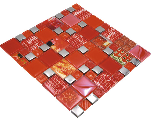 Glasmozaïek XCM MC579 29,8x29,8 cm zilver/rood