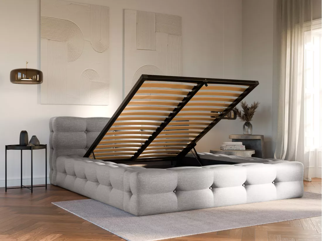 Lit coffre capitonné 160 x 200 cm - Tissu chiné - Gris clair - LERUCO de Pascal Morabito