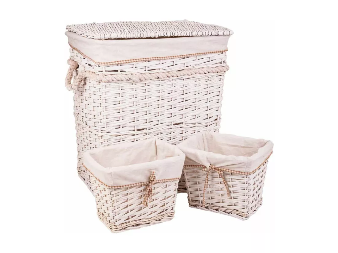 Set de corbeille à linge et deux paniers en osier doublés blancs