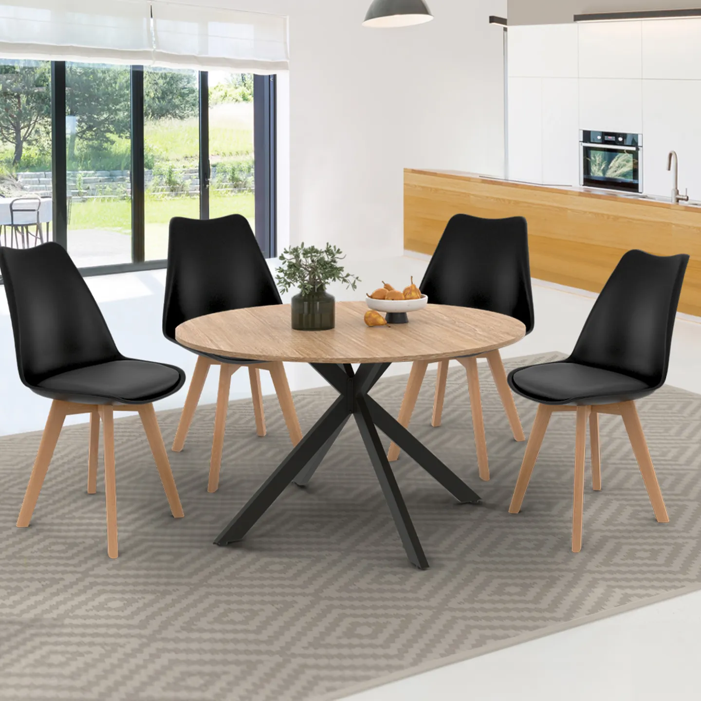 Table à manger extensible ronde ALIX 4-8 personnes pied araignée bois et noir 110-150 cm