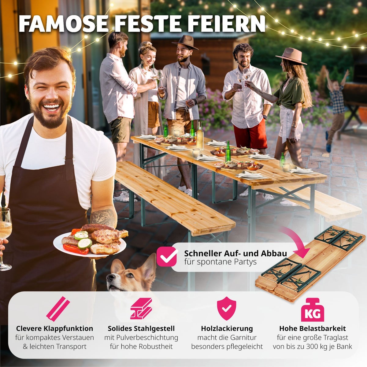 tectake 3-delige biertentset, houtlook met blanke lak