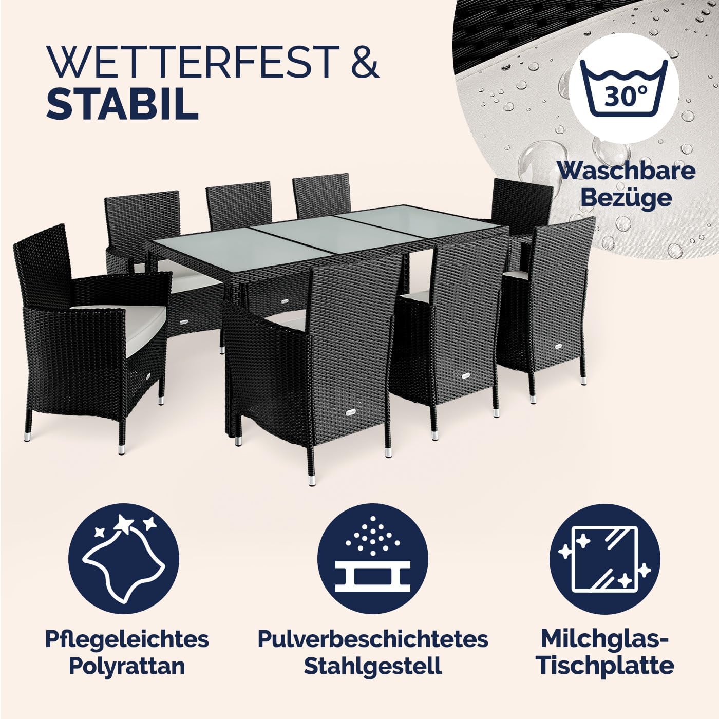 Casaria® Gartenmöbel Set 8 Personen Stühle inkl. 7cm Polster & Abdeckung Tisch 190x90cm 160kg Belastbar Wetterfest Polyrattan Stapelbar Terrasse Möbel Schwarz