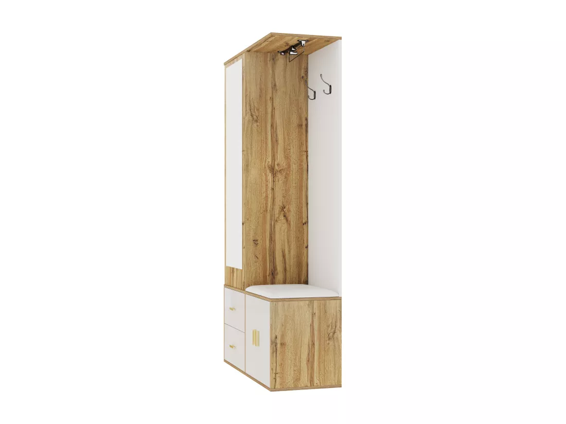 Armoir 100x38x108.1cm - Avec miroir - Avec meuble à chaussures - Avec crochets et cintres rétractables - Blanc + Naturel