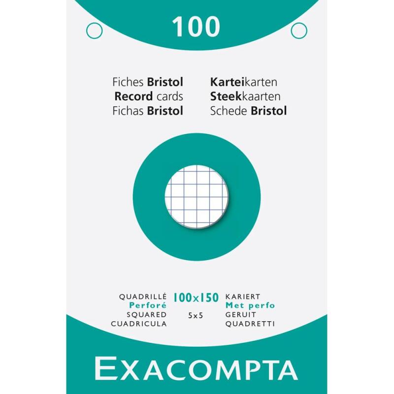 Étui de 100 fiches - bristol quadrillé 5x5 perforé 100x150mm - Blanc