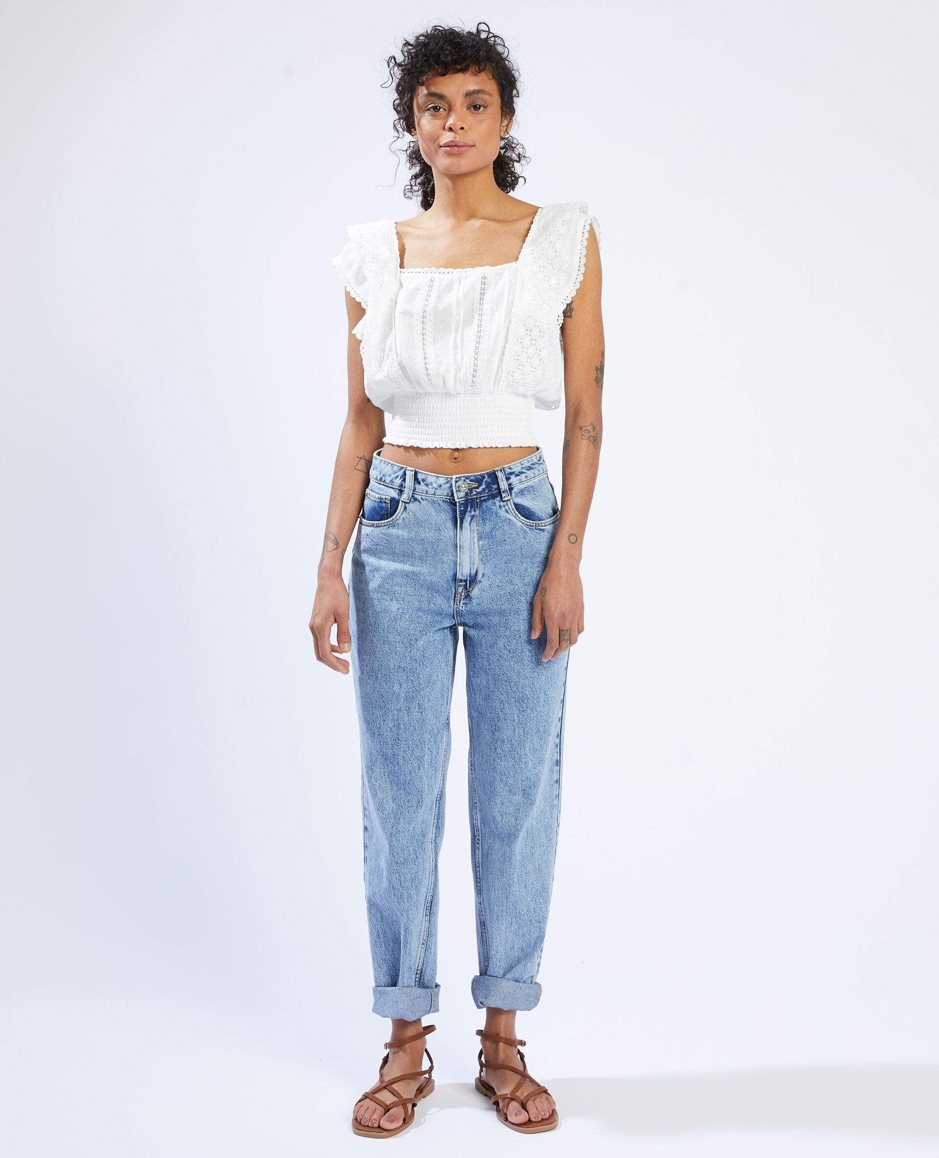 Top court dentelle et plumetis - Blanc