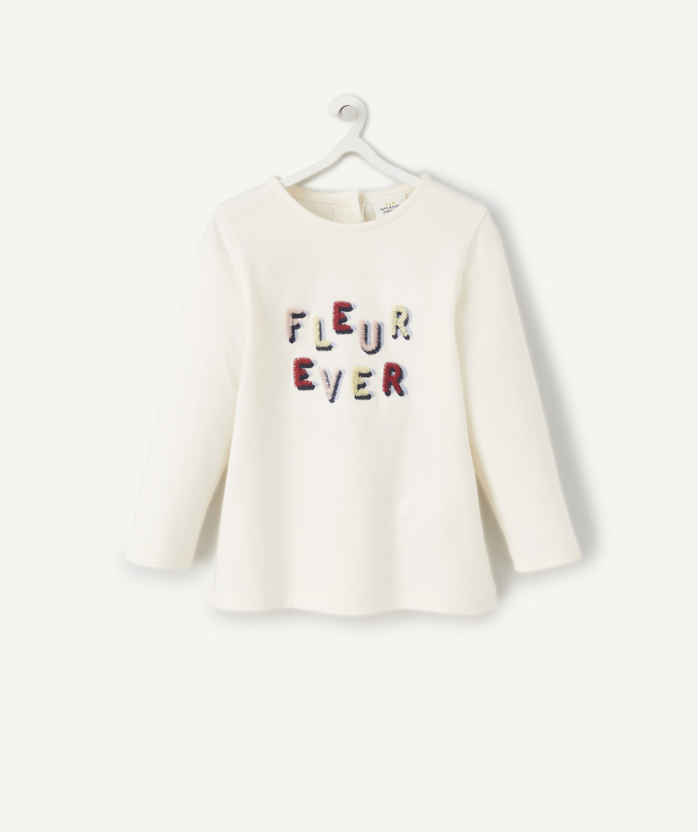 T-SHIRT BÉBÉ FILLE EN COTON BIO ÉCRU AVEC MESSAGE BRODÉ