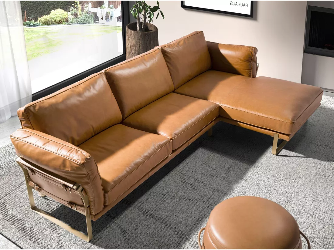 Chaise longue droite en cuir camel