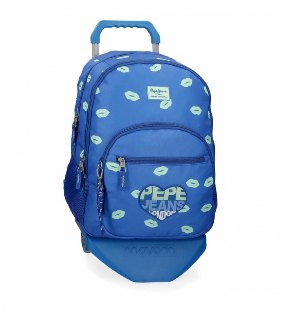 Mochila Pepe Jeans Ruth com zíper duplo e rodinhas - 32x44x22cm - Azul