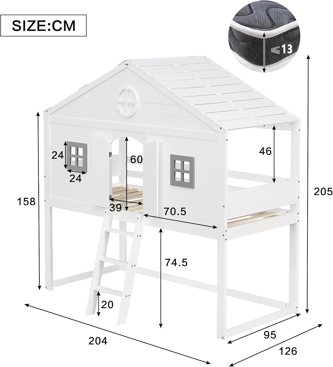 Merax Hochbett 90x200cm, Kinderbett Etagenbett mit Sicherheitsleiter, Rausfallschutz & Lattenrost, Hausbett mit Dach & Fenster, Platzsparendes Stockbett Jugendhochbett, Unterhaltungsbereich, Weiß