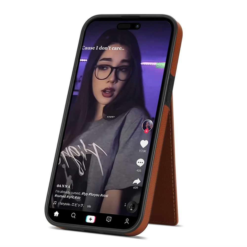 iPhone 15 Hybrid Leder Hardcase Hülle mit Kartenfächer mit Aufsteller (RFID Schutz) - Braun