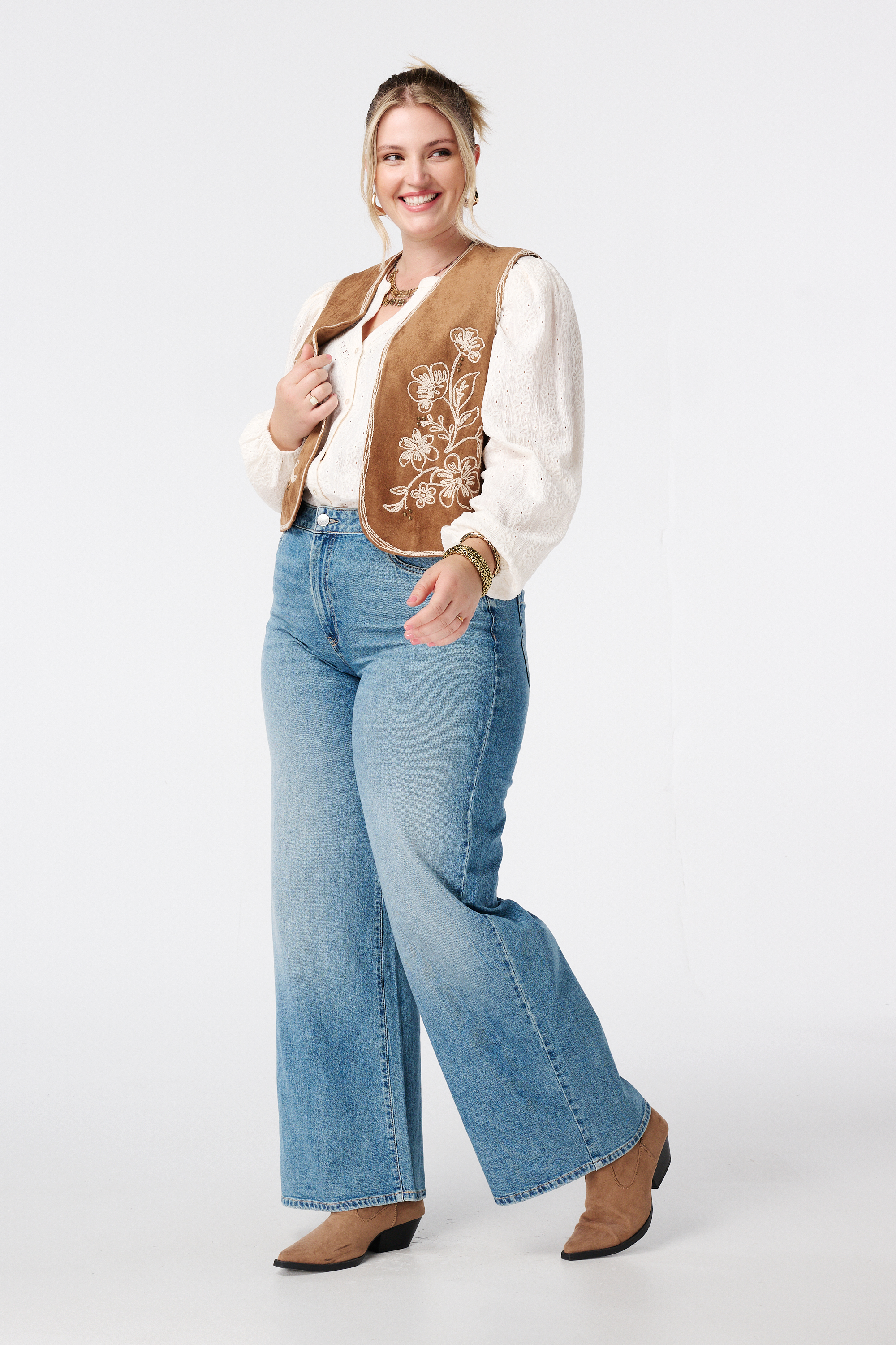 Jersey top met stretch met pofmouw Cream