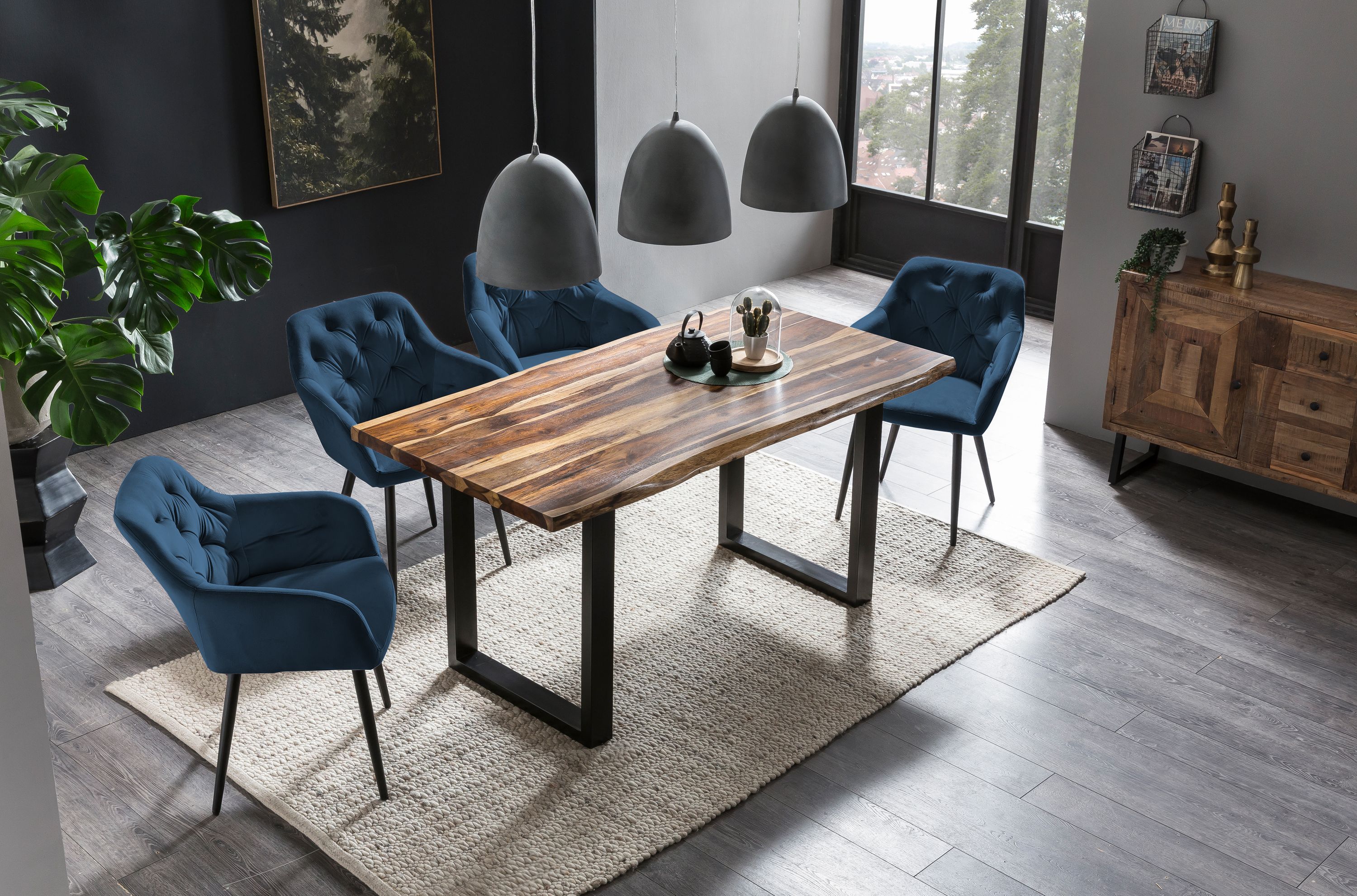 Armlehnstuhl blau Samt Esszimmerstuhl Polsterstuhl Wohnzimmer Stuhl