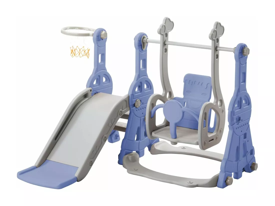Portique enfant toboggan, echelle et balançoire avec panier de basket-ball - aire de jeux 4 en 1 - usage intérieur extérieur - Bleu