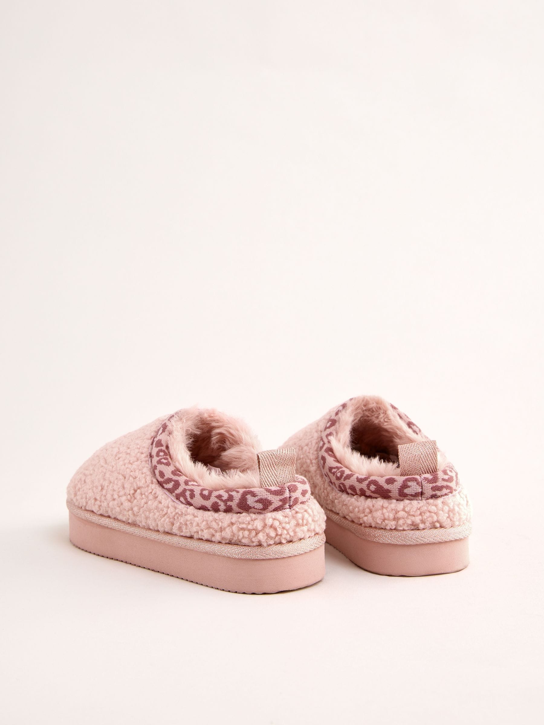 Roze - Lipsy EVA Leopard Print Trim Borg Fluffy Slip On Clog Slippers