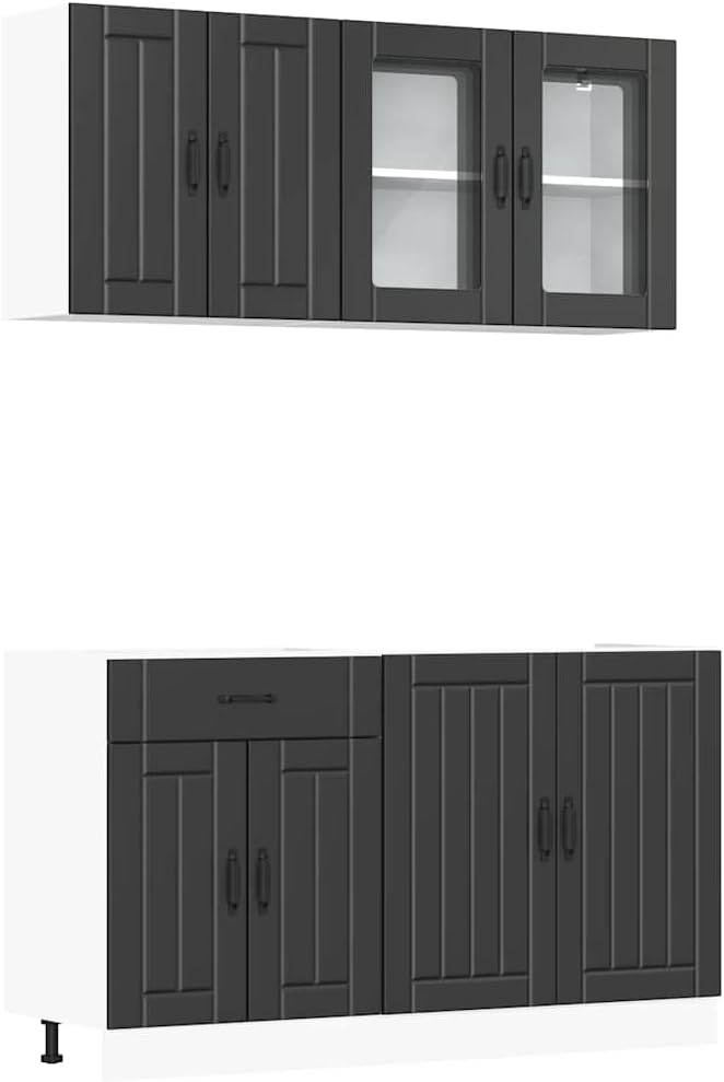 vidaXL 4-TLG. Küchenschrank-Set Lucca Schwarz Holzwerkstoff, Küchenzeile, Küchenschrank, Schrank, Hängeschrank, Spülenunterschrank, Küchenmöbel