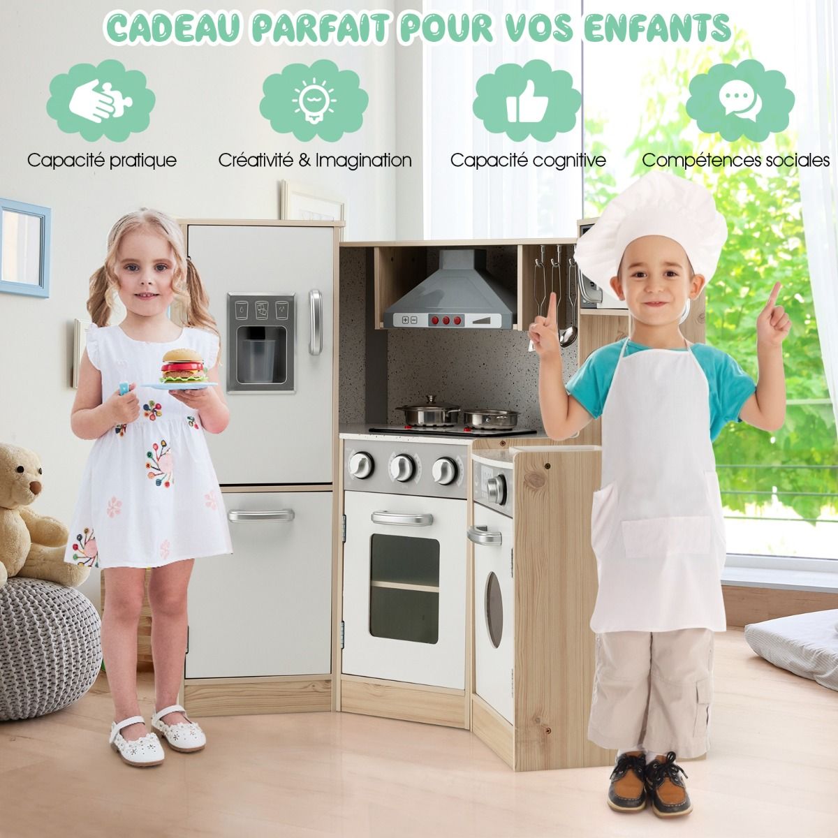 Cuisine Enfants en Bois XXL Angle 105 x 49 x 85 cm ( L x l x H ) Cuisine Complet avec Four Lave Linge 3 An+ - Lidl-Manfred
