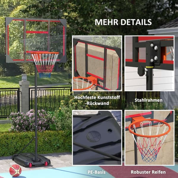 Utendørs basketballkurv for barn, 210-260 cm høydejusterbart basketballstativ med hjul, basketballsystem med stativ for barn fra 6 år og over, rød
