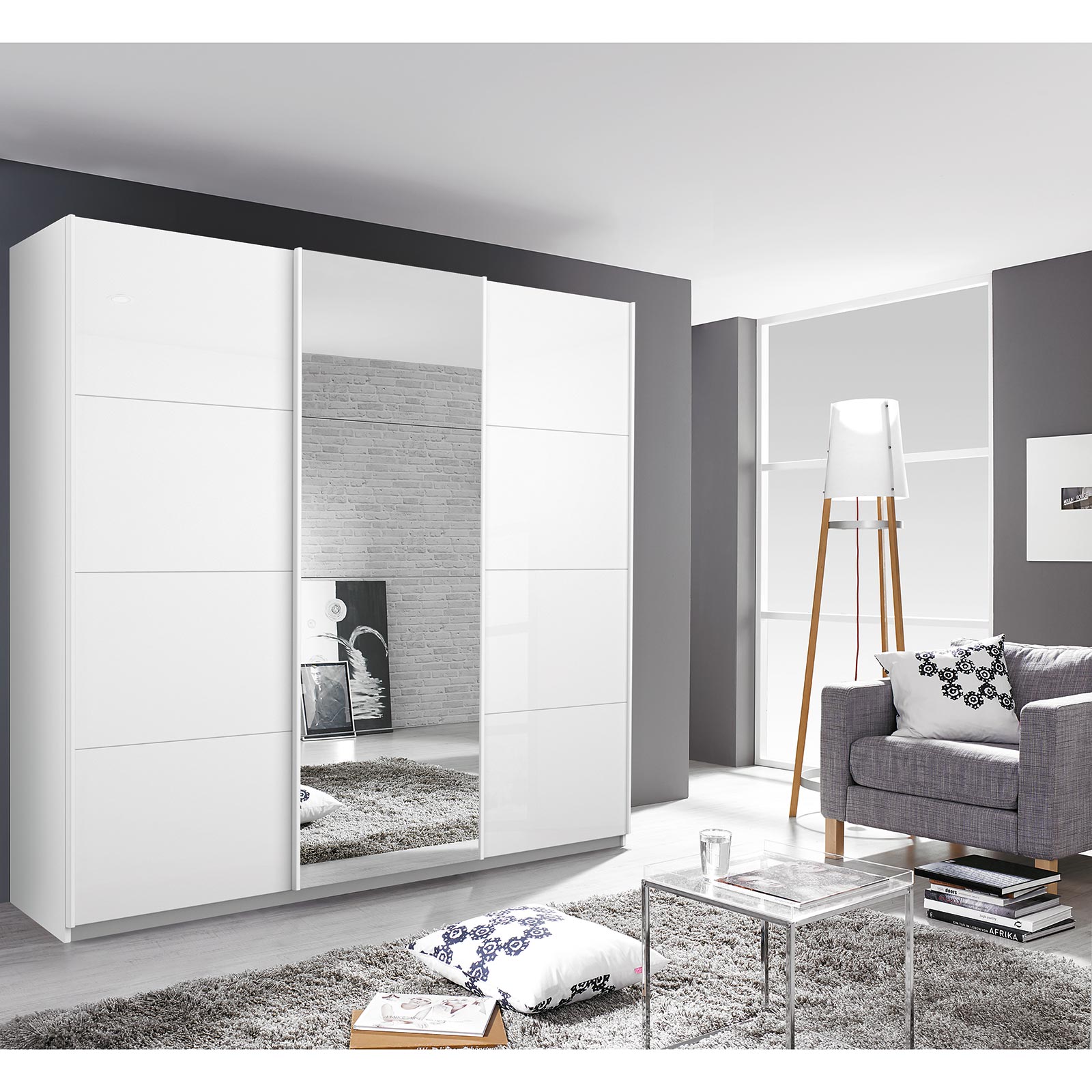 Schwebetürenschrank - weiß Hochglanz - mit Spiegel - 203x210 cm