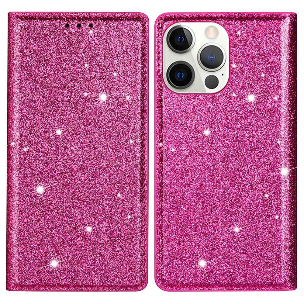 iPhone 14 Pro Flip Wallet Cover Leder Tasche Glitzer Optik - Pink