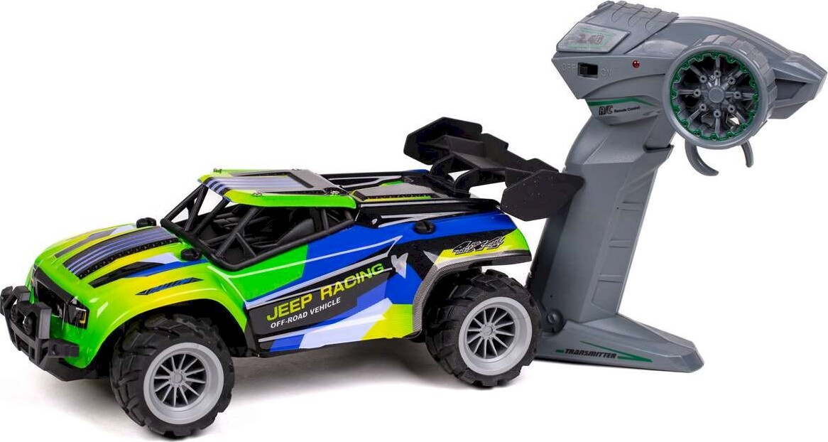 Fjernstyret Bil - Jeep Racing Dirt Stars - 1:18 - Blå Og Grøn