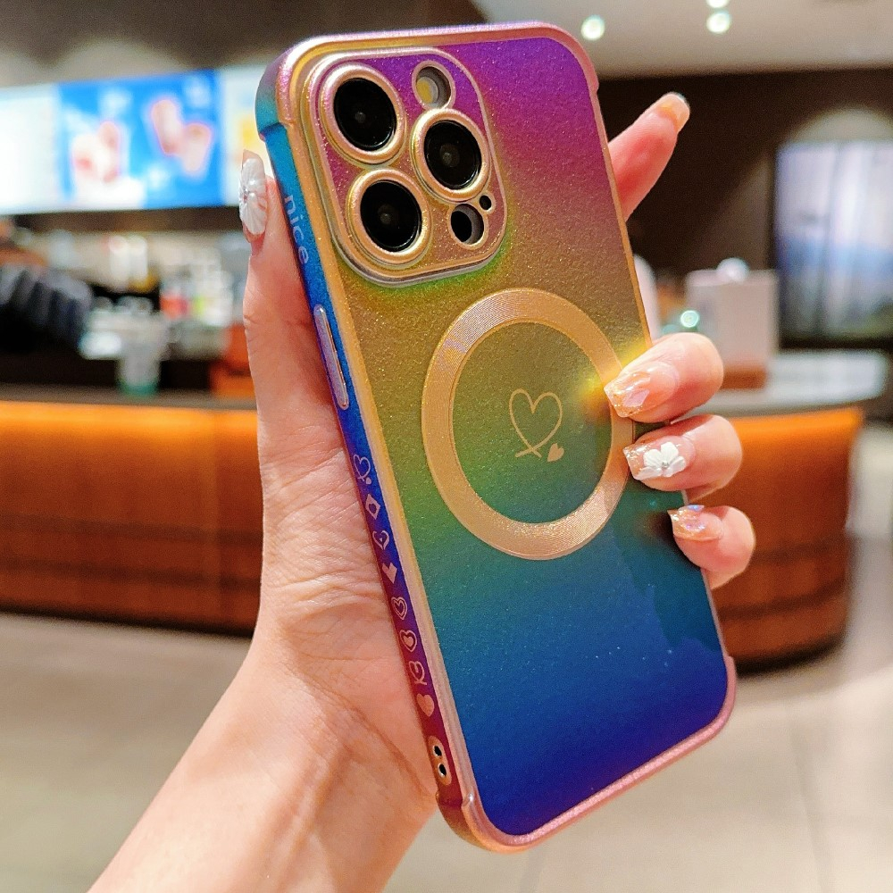 iPhone 16 Pro Max MagSafe Gummi Case Hülle Galvanisierter Rahmen Farbverlauf   Kameraglasschutz - Regenbogen