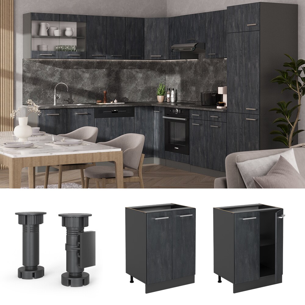 Vicco Unterschrank R-Line Schwarz Beton Anthrazit 60 cm mit Arbeitsplatte Eiche