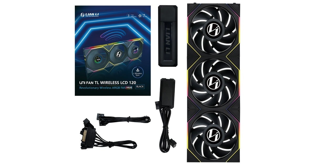 Lian LiUNI FAN TL 120 LCD Wireless RGB case fans  (Zwart, 3 stuks, 120 x 124 x 28 mm, PWM, 1x 9-pin USB, incl. controller)
