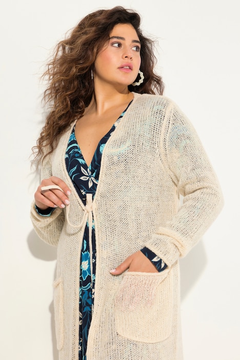 Long-Strickjacke, Bindeband, V-Ausschnitt, Rollkanten