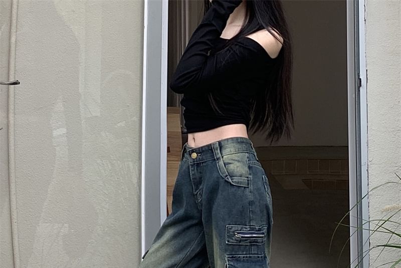 Kenning - High Waist Washed Wide Leg Cargo Jeans