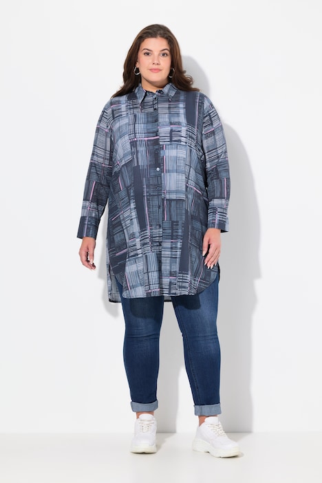 Longbluse, Karo, A-Linie, Hemdkragen, Langarm