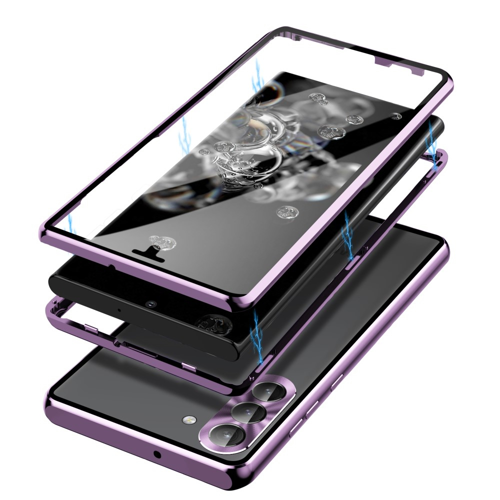 Samsung Galaxy S23 5G Magnetische Alu Schutzhülle mit Panzer Glas Backcover   Display- / Kameraglasschutz (Verschlussmechanismus) - Lila