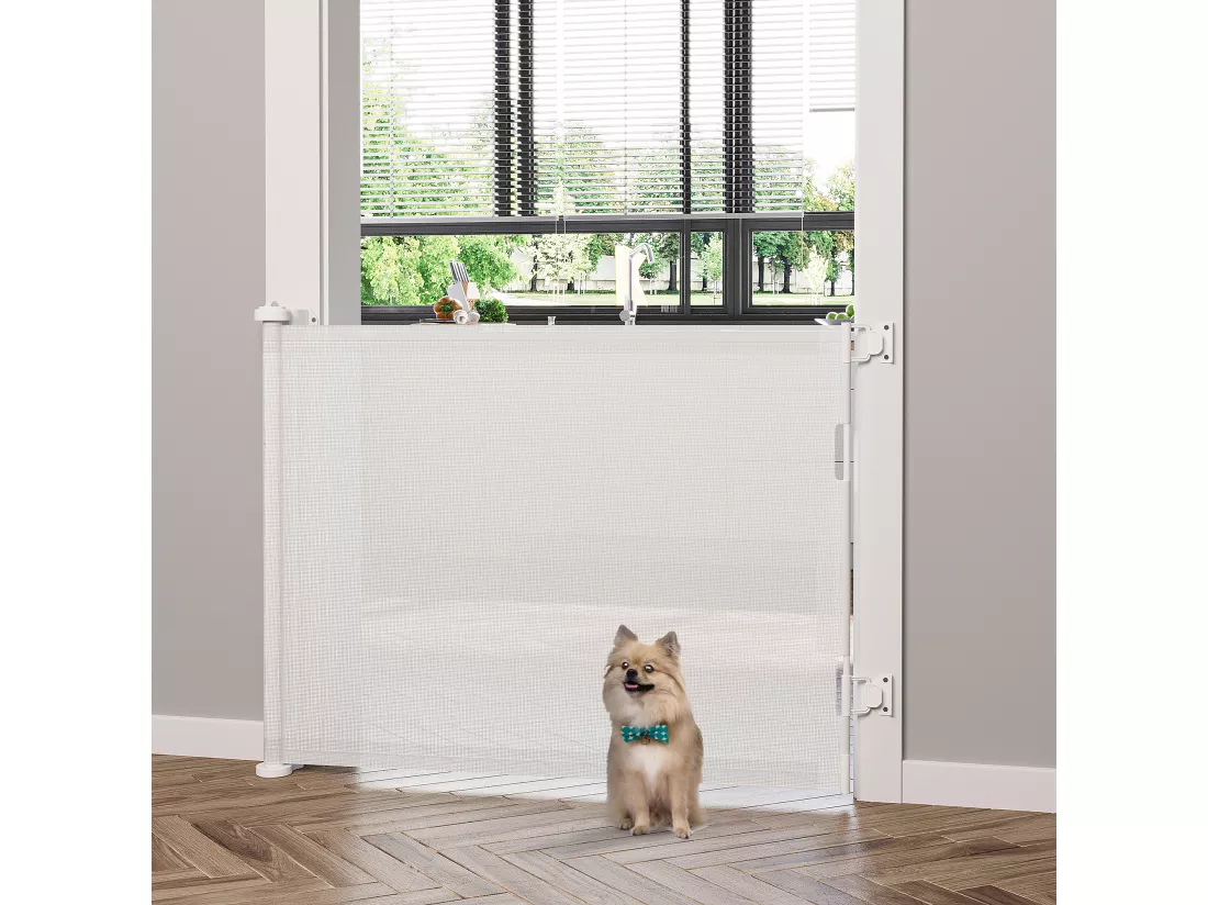 Barrière de sécurité barrière animaux rétractable automatique 1,65L x 0,85H m teslin alu. PVC blanc