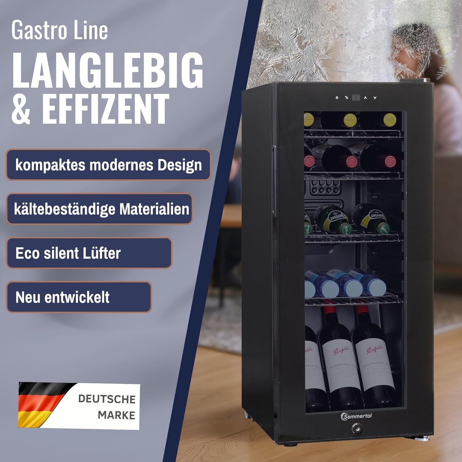 Kühlschrank mit Glastür GK60– Leiser Getränkekühlschrank mit LED, Touchscreen & Schloss kleiner Flaschenkühlschrank schwarz 60L