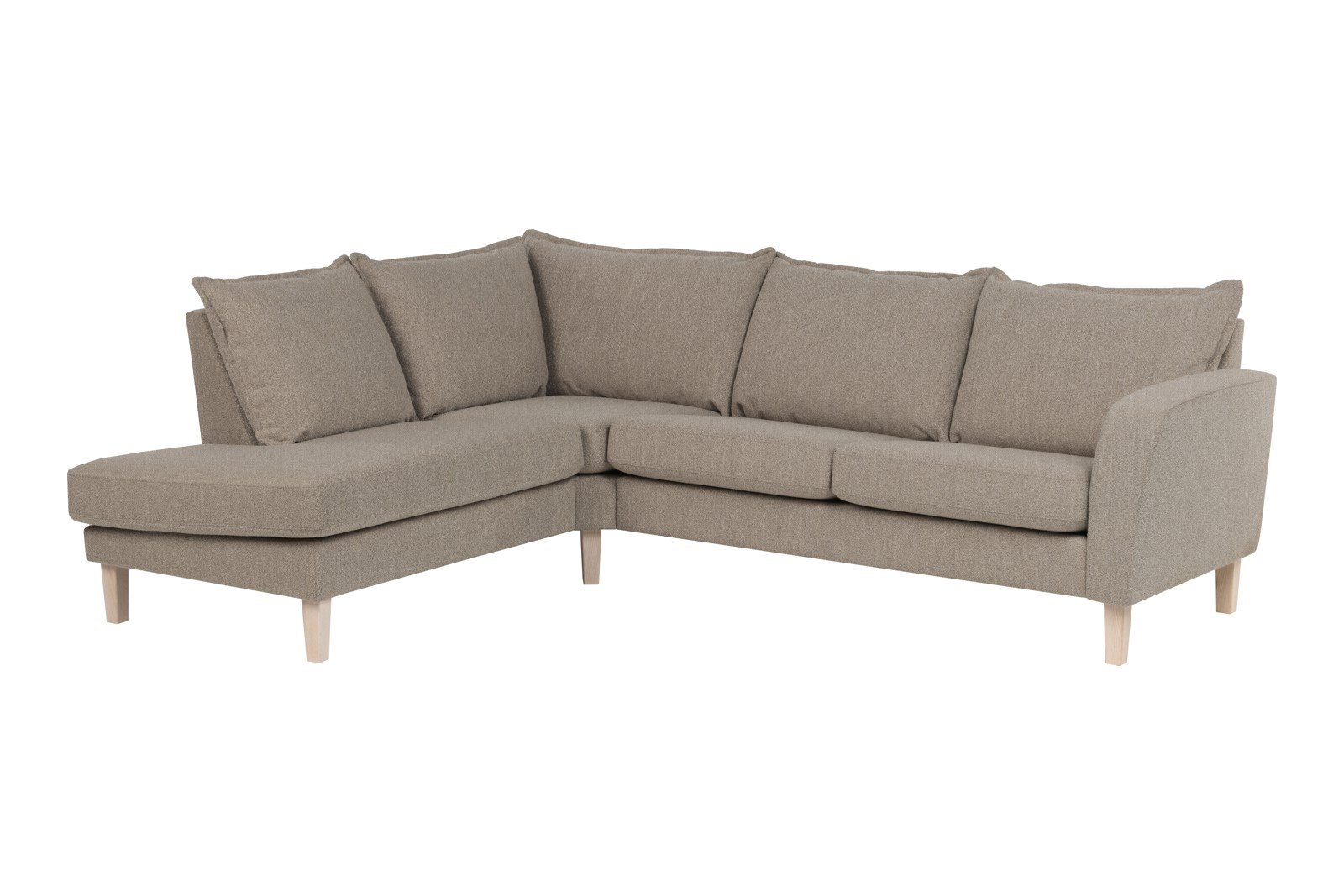 Slogen hjørnesofa Oppsett AV. 2,5-seter med åpen ende venstre. Tekstil Viva Earth med soft ryggpute. Vange A og hvitpigmentert ben 178.