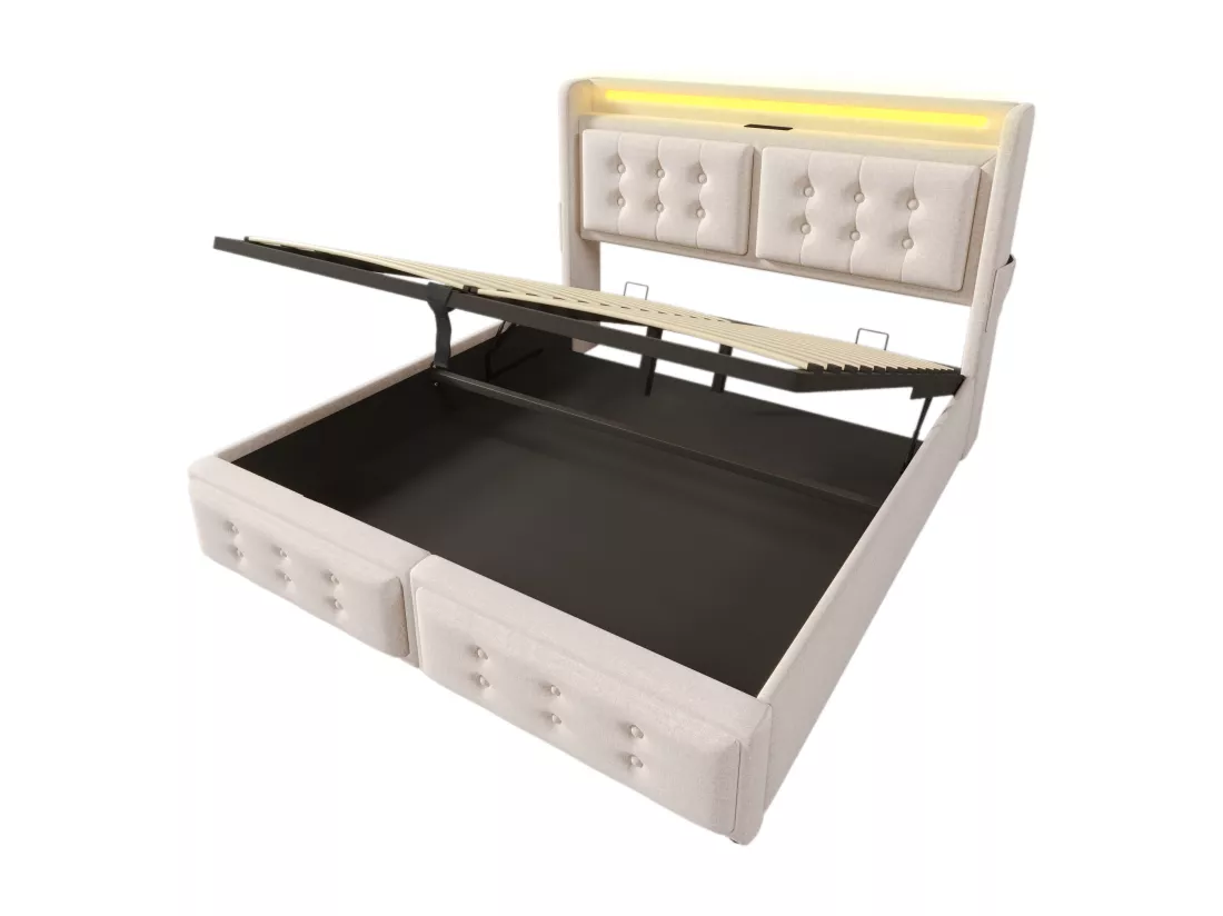 Lit coffre 180x200cm en tissu lin - avec LED et Ports de recharge - Beige