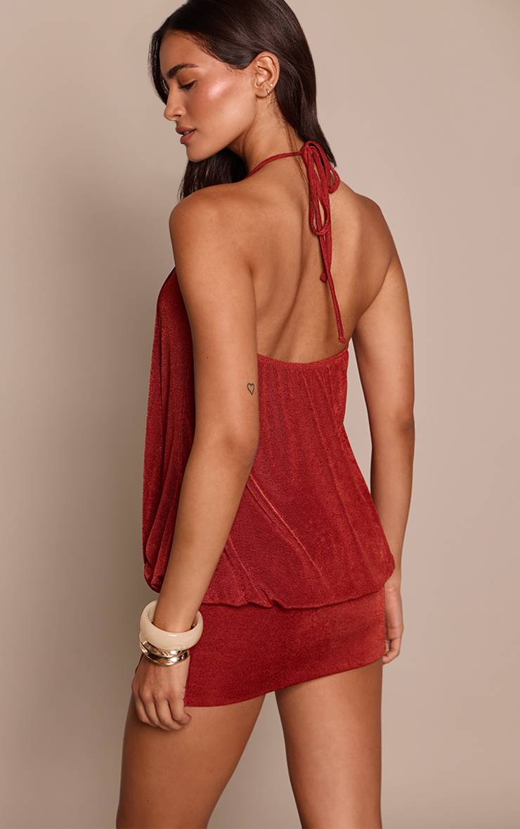 Rouille Mini Robe En Acétate Slinky Avec Détail De Perles Et Effet Drapé