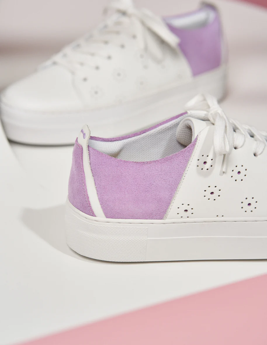 Baskets basses Renée Plateau Découpe - Cuir blanc et suède lilas