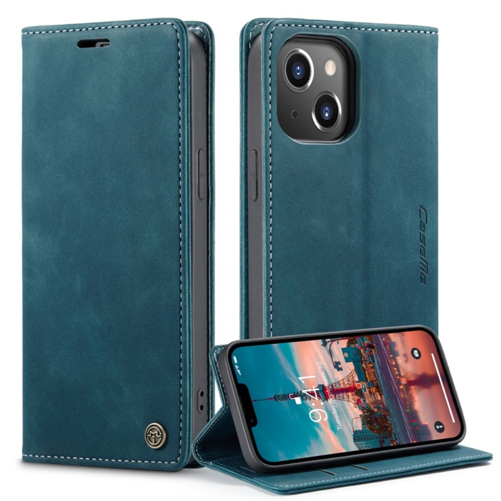 iPhone 14 Leder Tasche Flip Wallet Etui mit Kartenfächern - Blaugrün