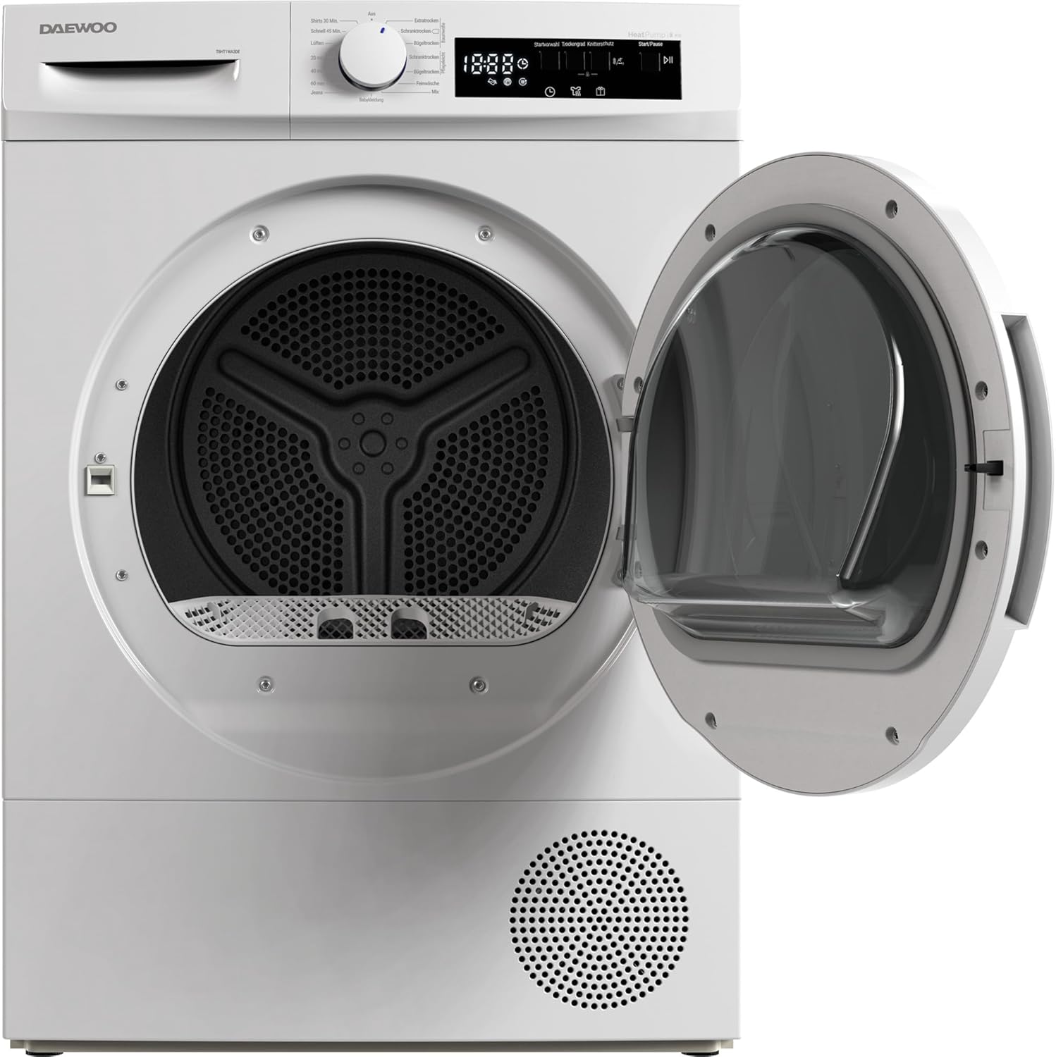 Daewoo T8HT1WA3DE Wärmepumpentrockner, C, 8 kg, Programmknebel und SoftTouch-Bedienung mit LED-Display, 15 Programme, Trommelinnenbeleuchtung, Weiß