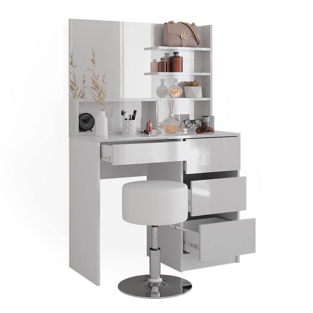 Vicco Schminktisch Sherry Weiß Hochglanz 90 x 75 cm Spiegel Regal Hocker modern