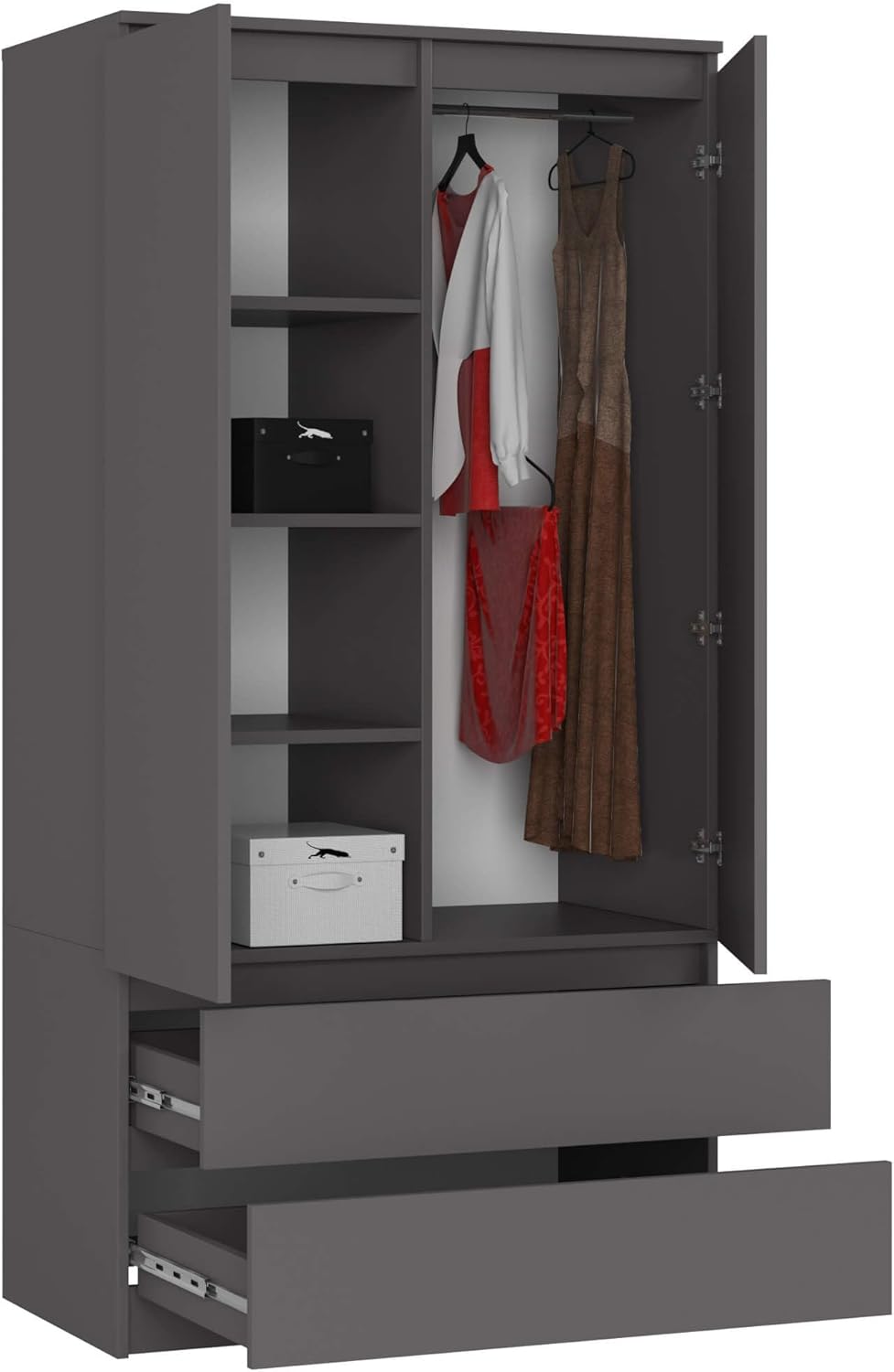 AKORD Zweitüriger Kleiderschrank S 90 cm 2 Schubladen mit Regalen und Einer Kleiderstange für EIN Schlafzimmer Kleiderschränke Minimalistischer Stil Schichtstoffplatte 16 mm | Graphitgrau