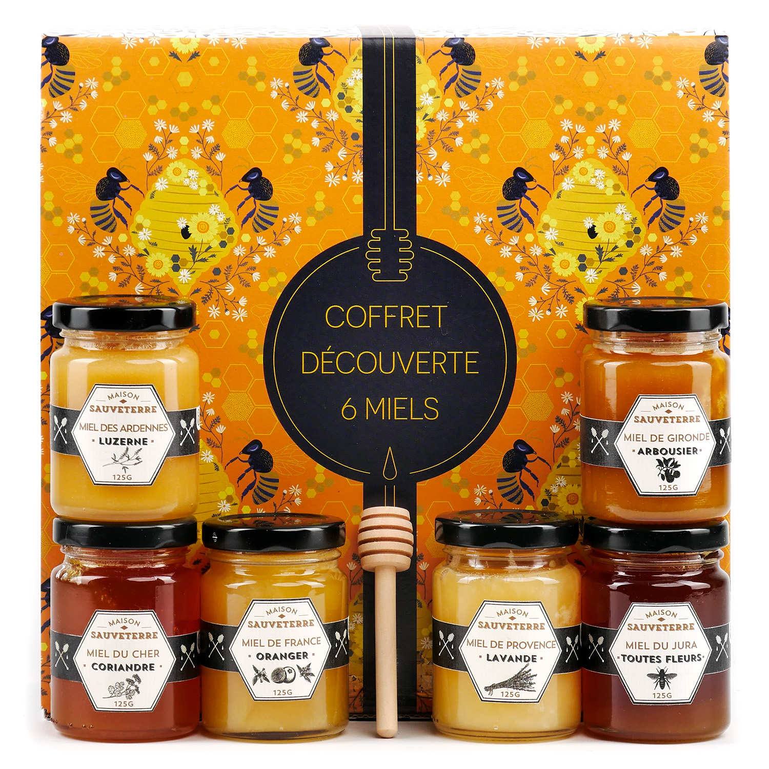 Assortiment de 6 miels de France et cuillère à miel