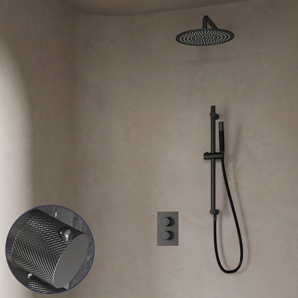 Saniclear Iron Curved Pro inbouw regendouche met 30cm hoofddouche, muurarm en glijstang verouderd ijzer - gunmetal