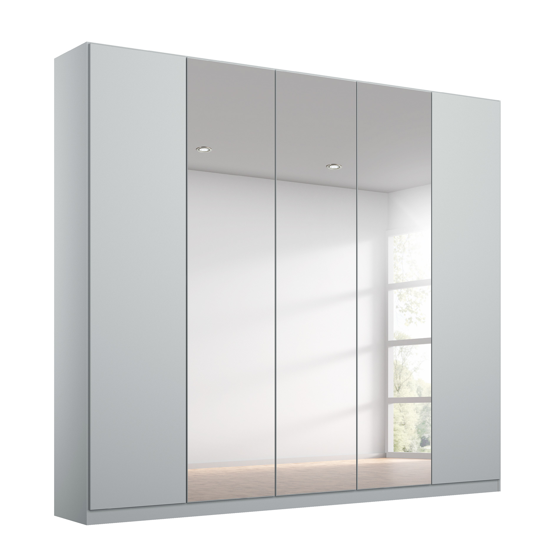 Drehtürenschrank - seidengrau - Kristallglasspiegel - 5-türig - 226x229 cm